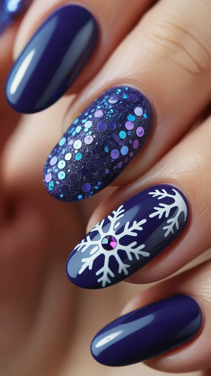 Best Blue Nails Winter 2025 2026 Midnight Glitter and Snow