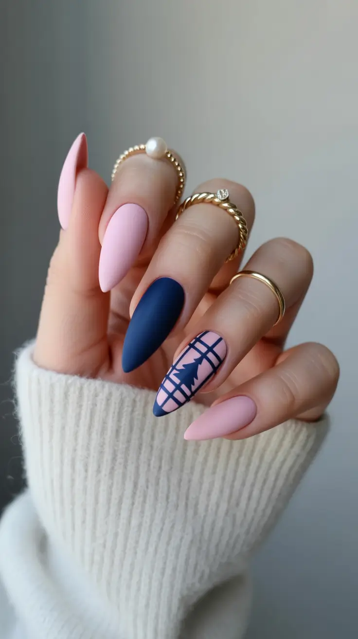 Best Blue Nails Winter 2025 2026 Pink Frost Meets Navy Geometry