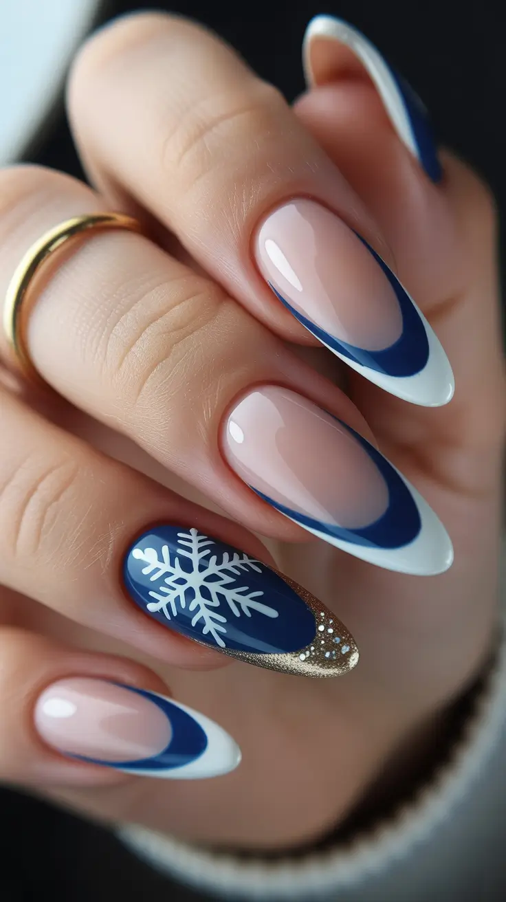 Best Blue Nails Winter 2025 2026 Classic Navy French with a Snowflake Twist