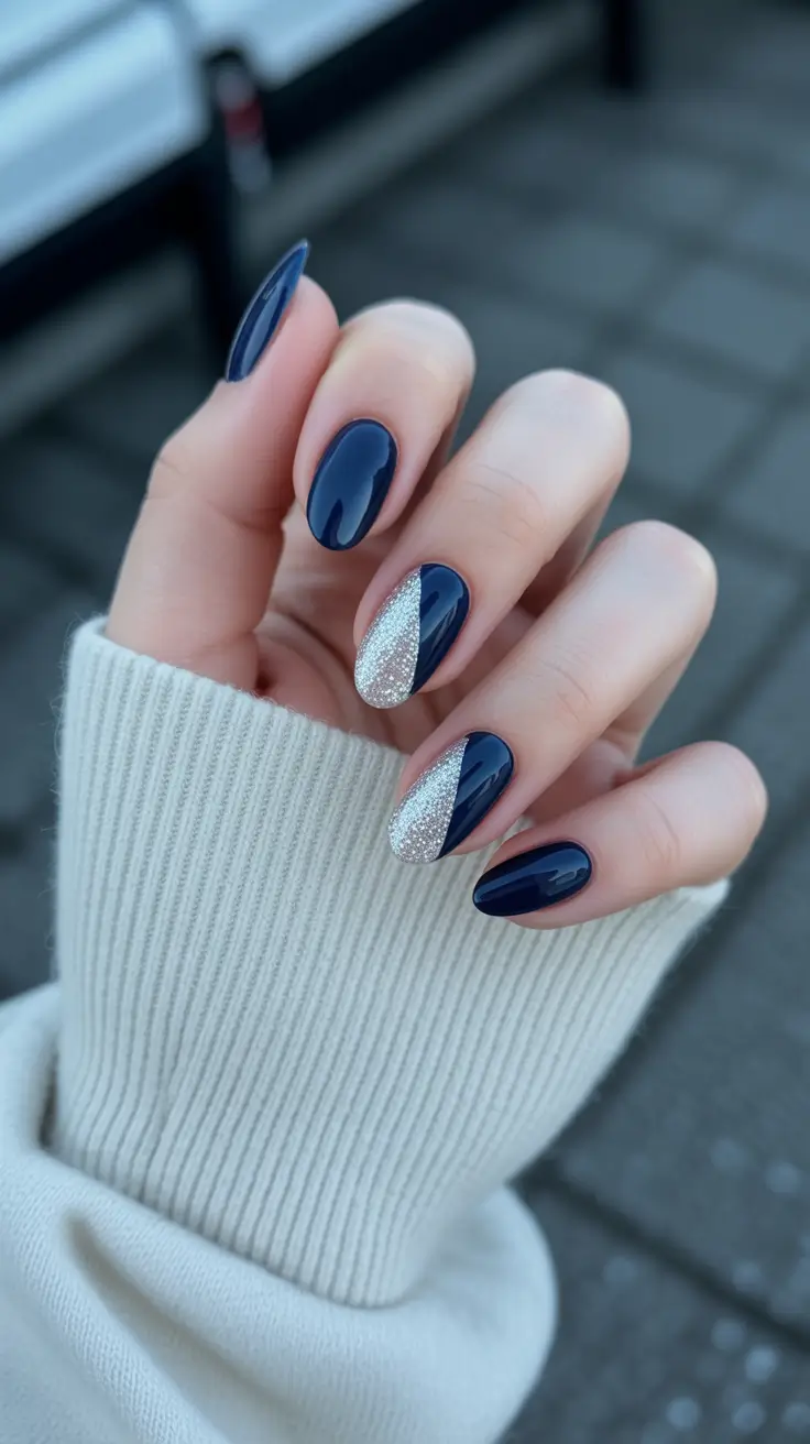 Best Blue Nails Winter 2025 2026 Silver Moon Geometry