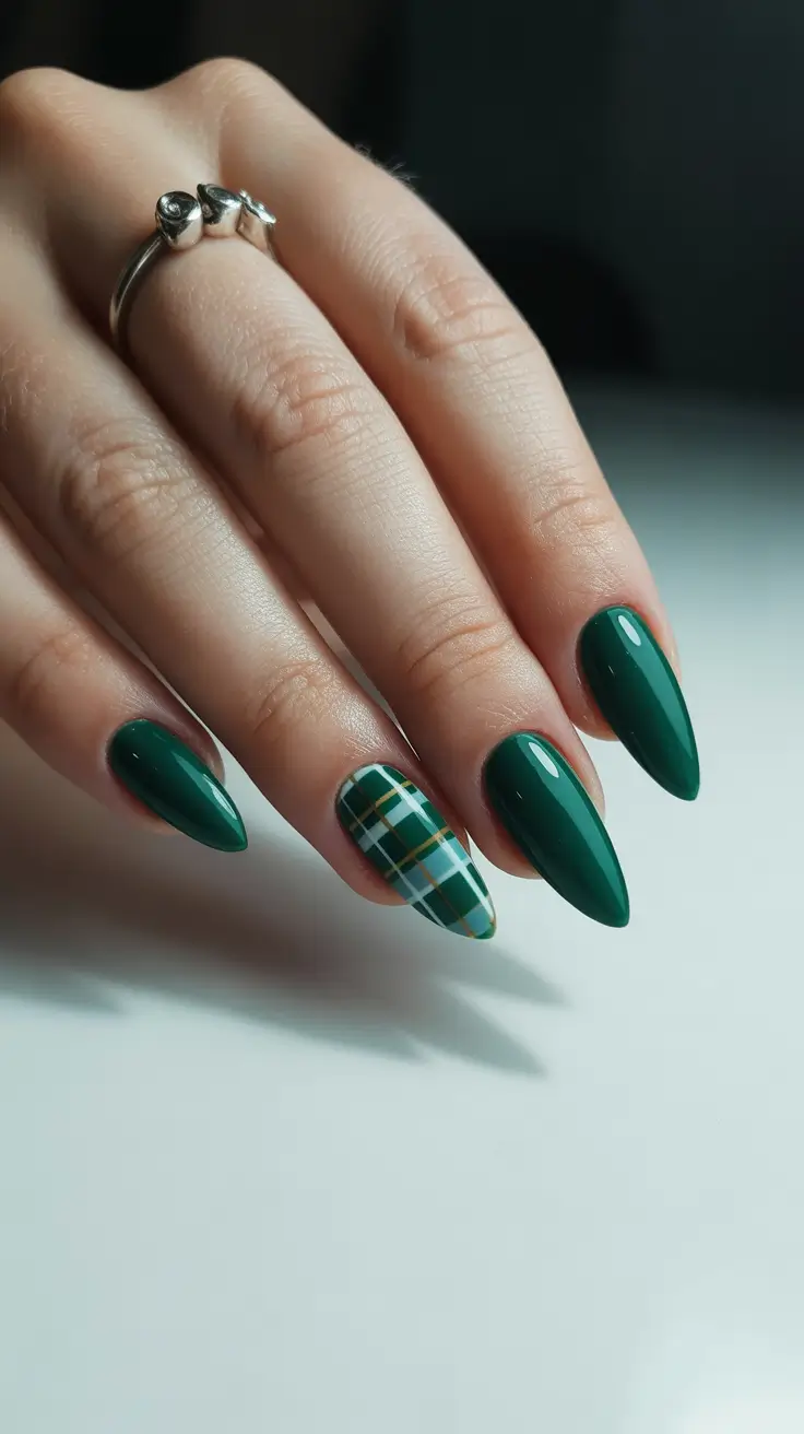 Best Dark Nail Colors Winter 2025 2026 Emerald Elegance with a Plaid Accent
