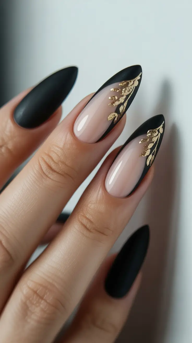 Best Dark Nail Colors Winter 2025 2026 Matte Black with Golden Leaf Art