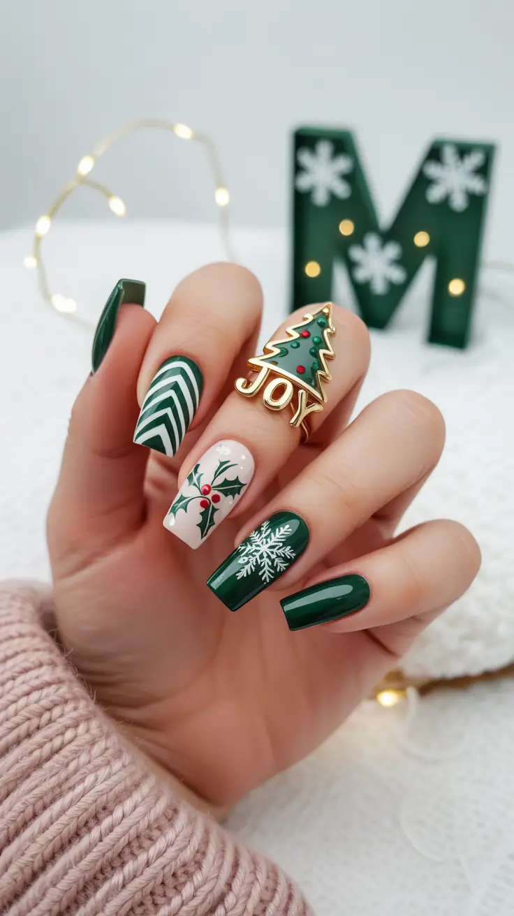 Best Dark Nail Colors Winter 2025 2026 Festive Green Cheer with Holiday Art