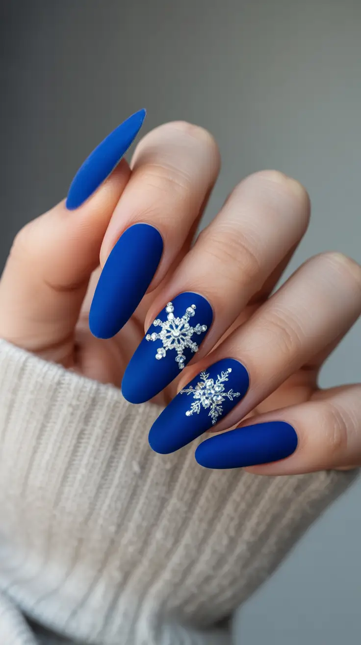 Best Dark Nail Colors Winter 2025 2026 Royal Blue Frost with Silver Snowflakes