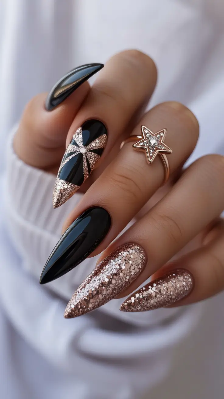 Best Dark Nail Colors Winter 2025–2026 Black and Champagne Starburst