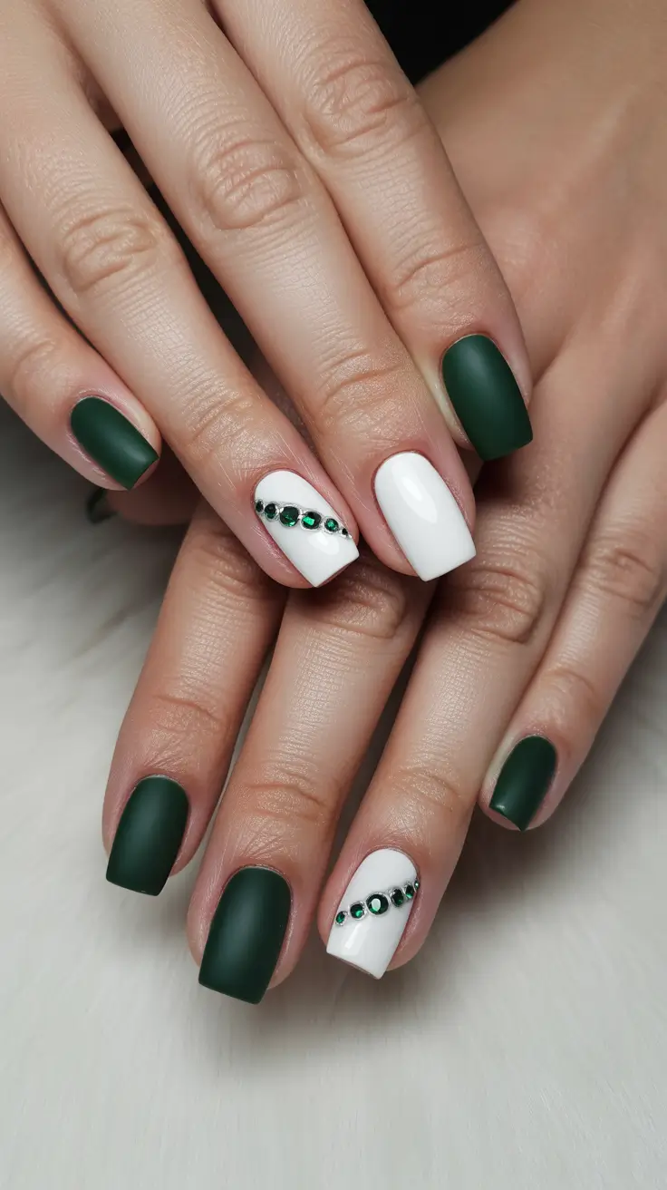 Best Dark Nail Colors Winter 2025 2026 Matte Emerald and White Gemstone Contrast