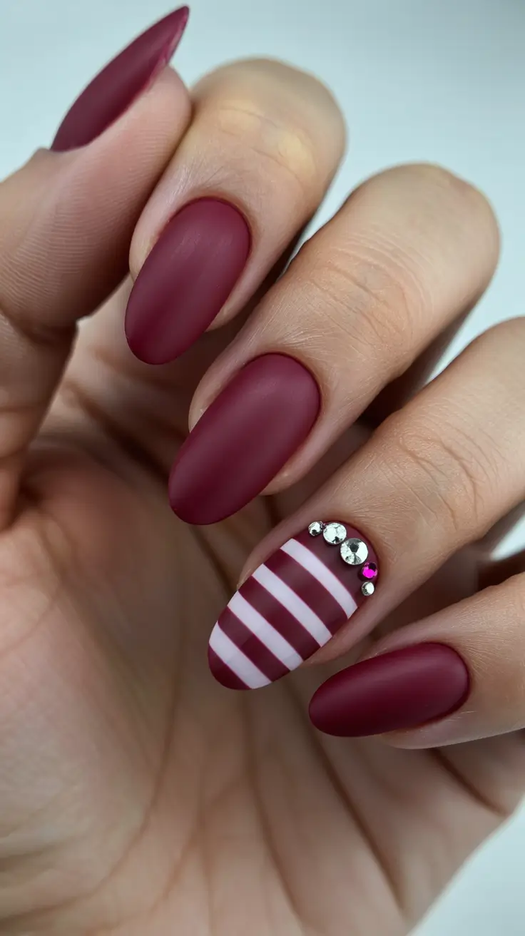 Best Dark Nail Colors Winter 2025 2026 Berry Matte Stripes with Crystal Accents