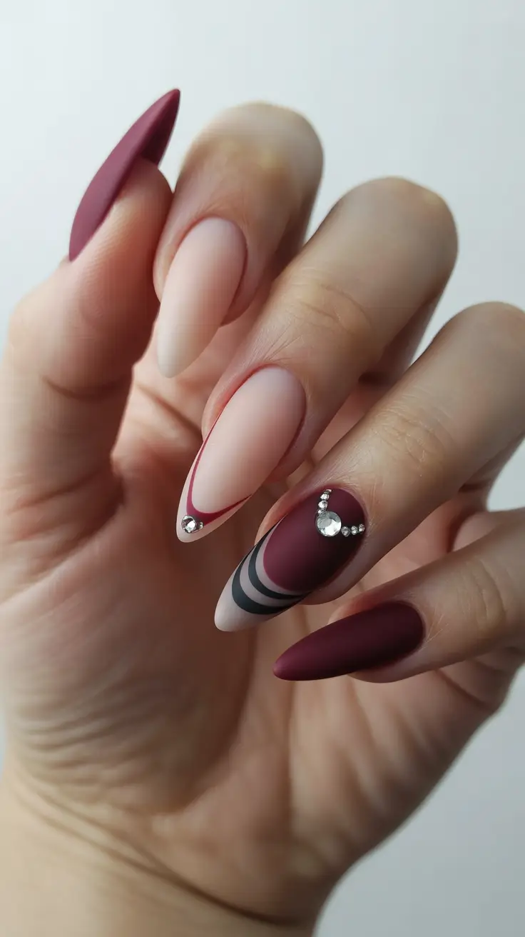 Best Dark Nail Colors Winter 2025 2026 Velvet Burgundy with Minimalist Lines