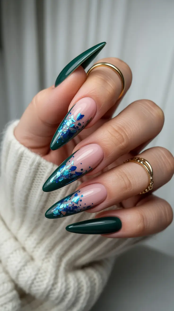 Best Dark Nail Colors Winter 2025 2026 Emerald Frost with Blue Foil Detail