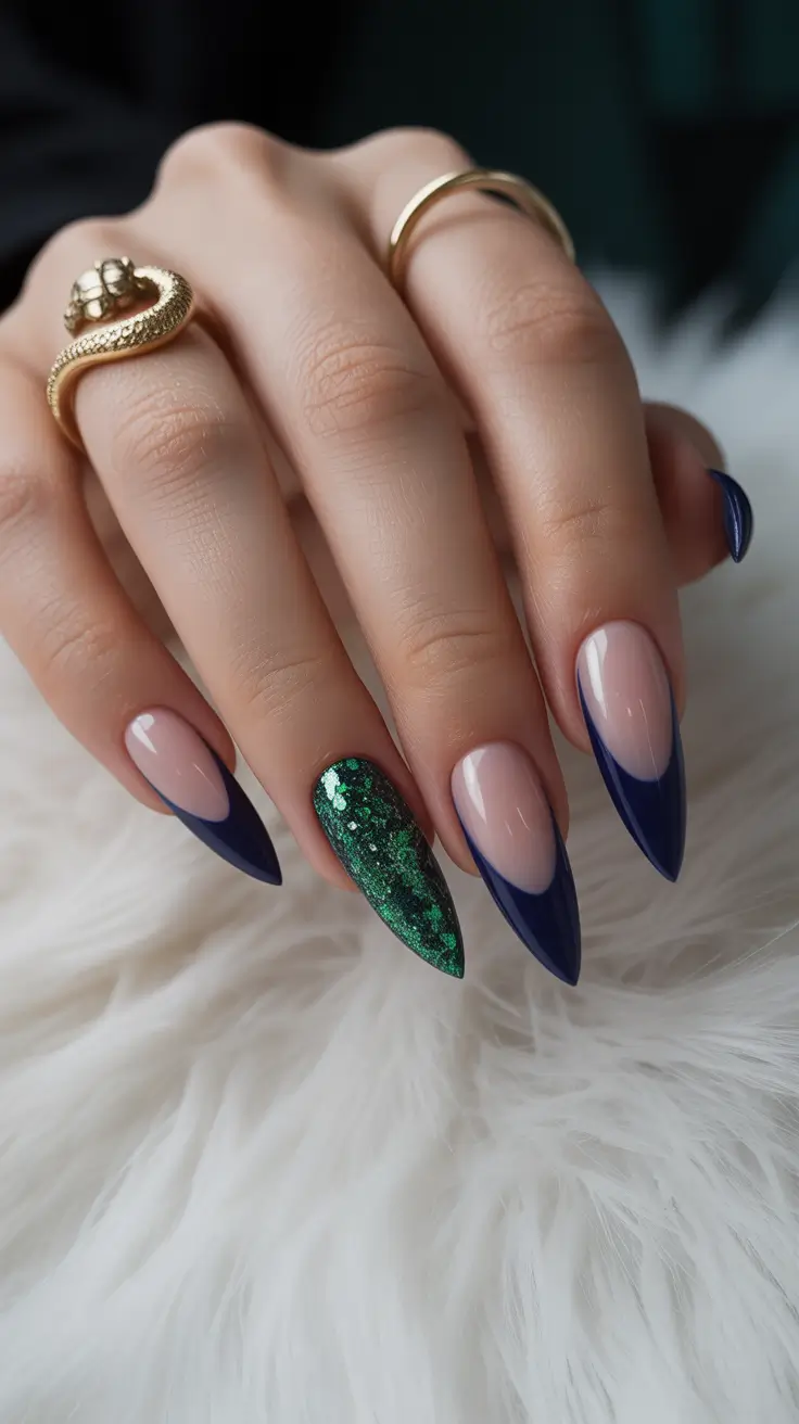 Best Dark Nail Colors Winter 2025 2026 Midnight Blue French with Emerald Sparkle