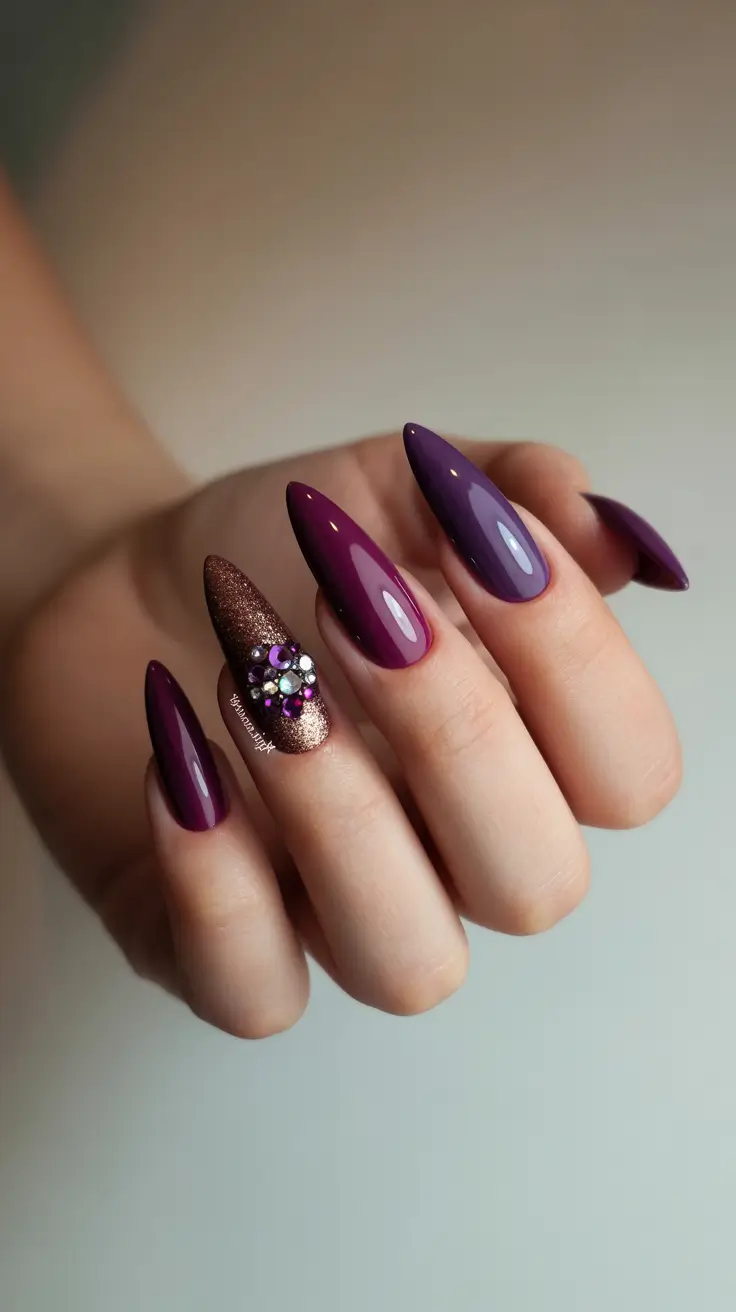 Best Dark Nail Colors Winter 2025 2026 Amethyst Glam with Metallic Accents
