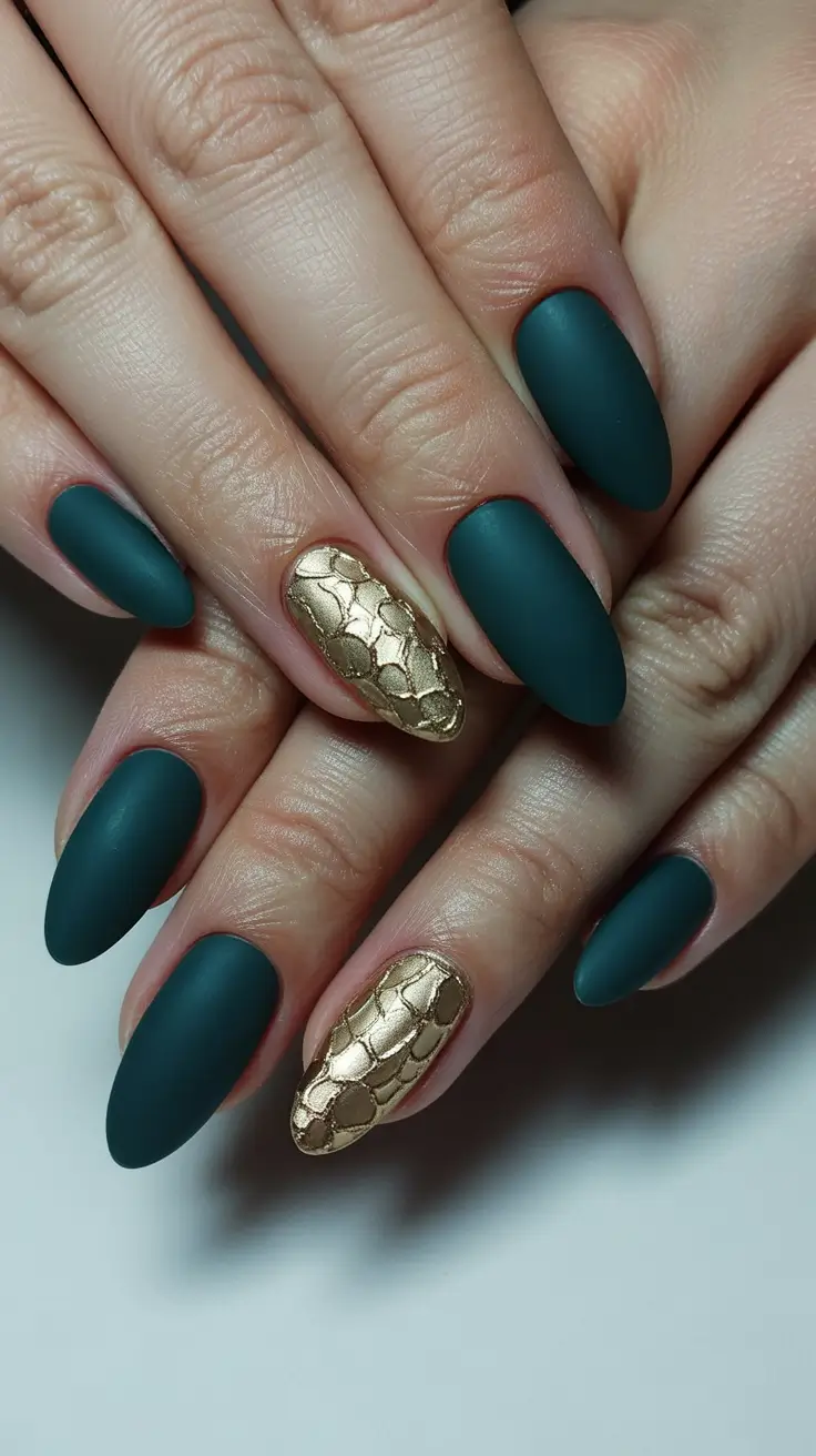 dark-winter-nails-2025-2026 Velvet Teal & Gold Luxe