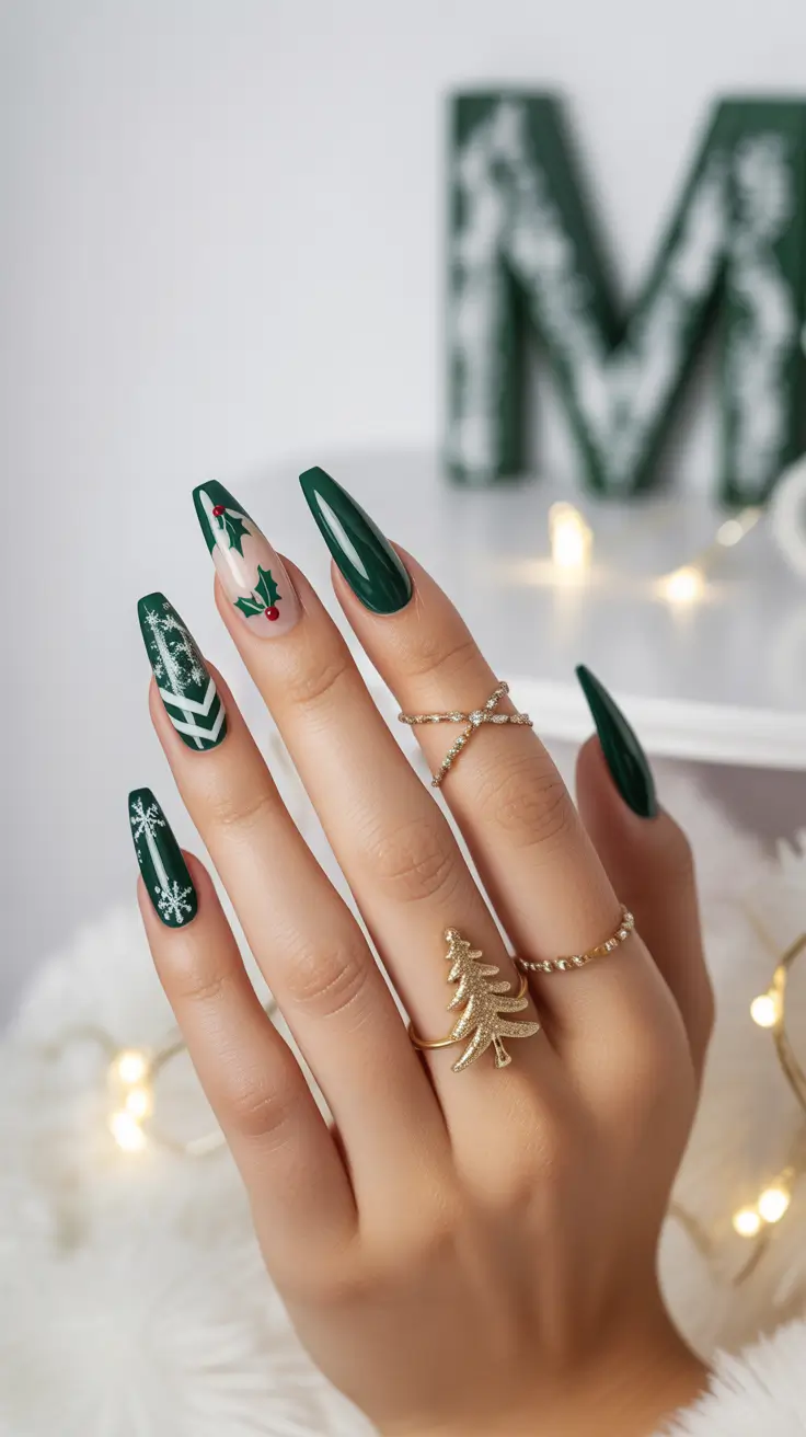 winter french tip nails 2025-2026 evergreen enchantment