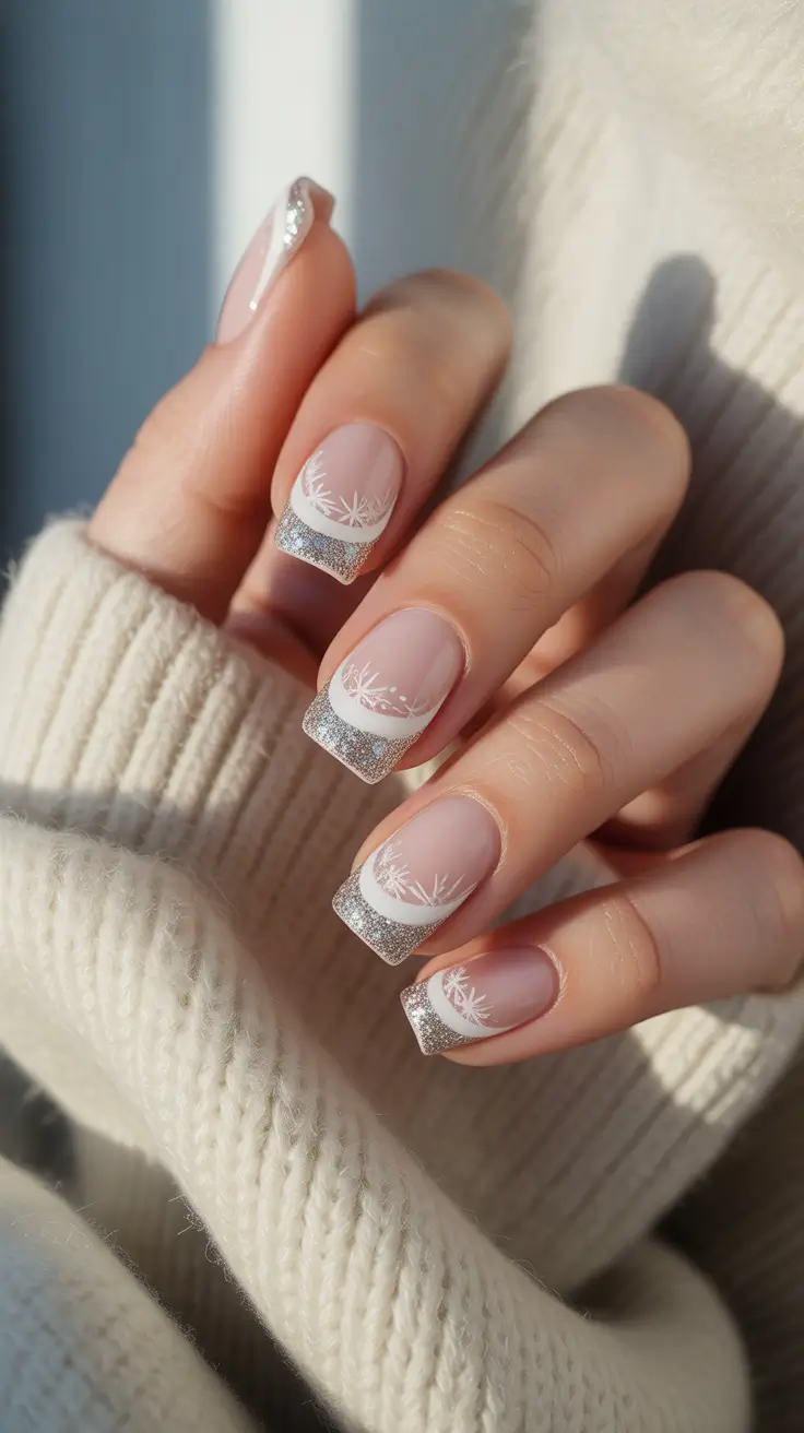 winter french tip nails 2025-2026 silver snowdream
