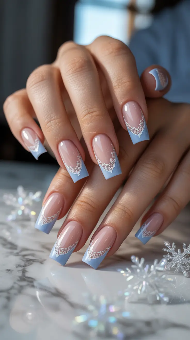 winter french tip nails 2025-2026 Icy Lace Blue French