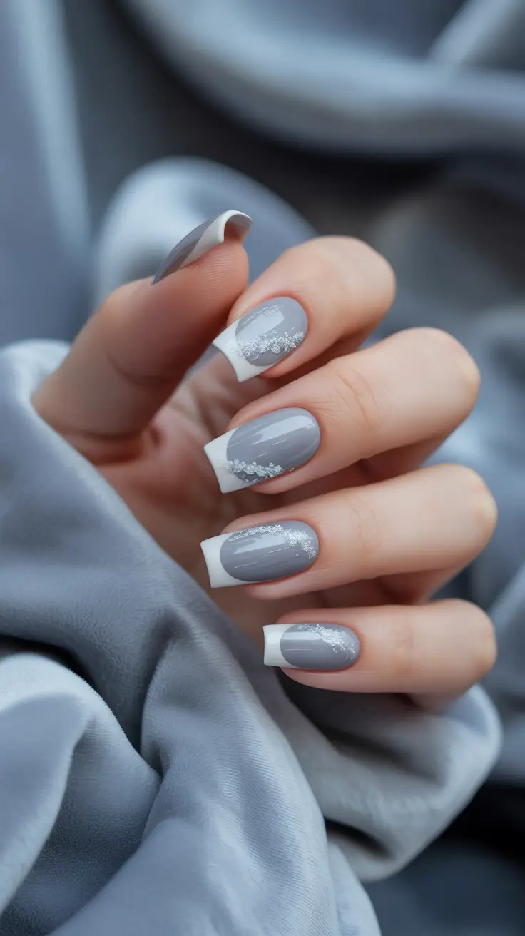 winter french tip nails 2025-2026 Frosted Grey French