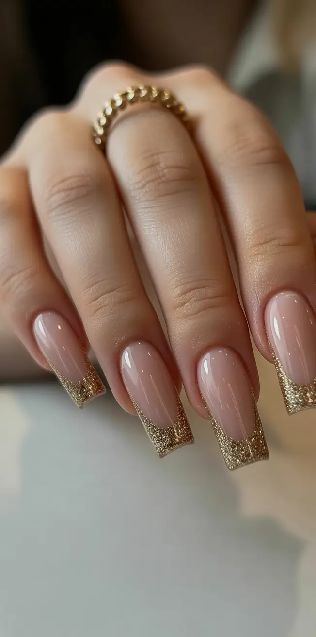 winter french tip nails 2025-2026 champagne frost tips
