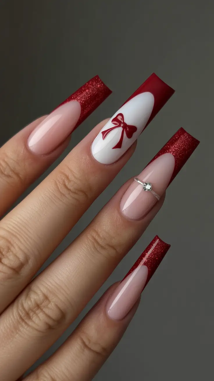 winter french tip nails 2025-2026 holiday bow charm
