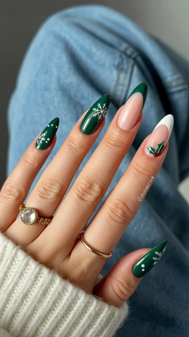 winter french tip nails 2025-2026 evergreen whispers