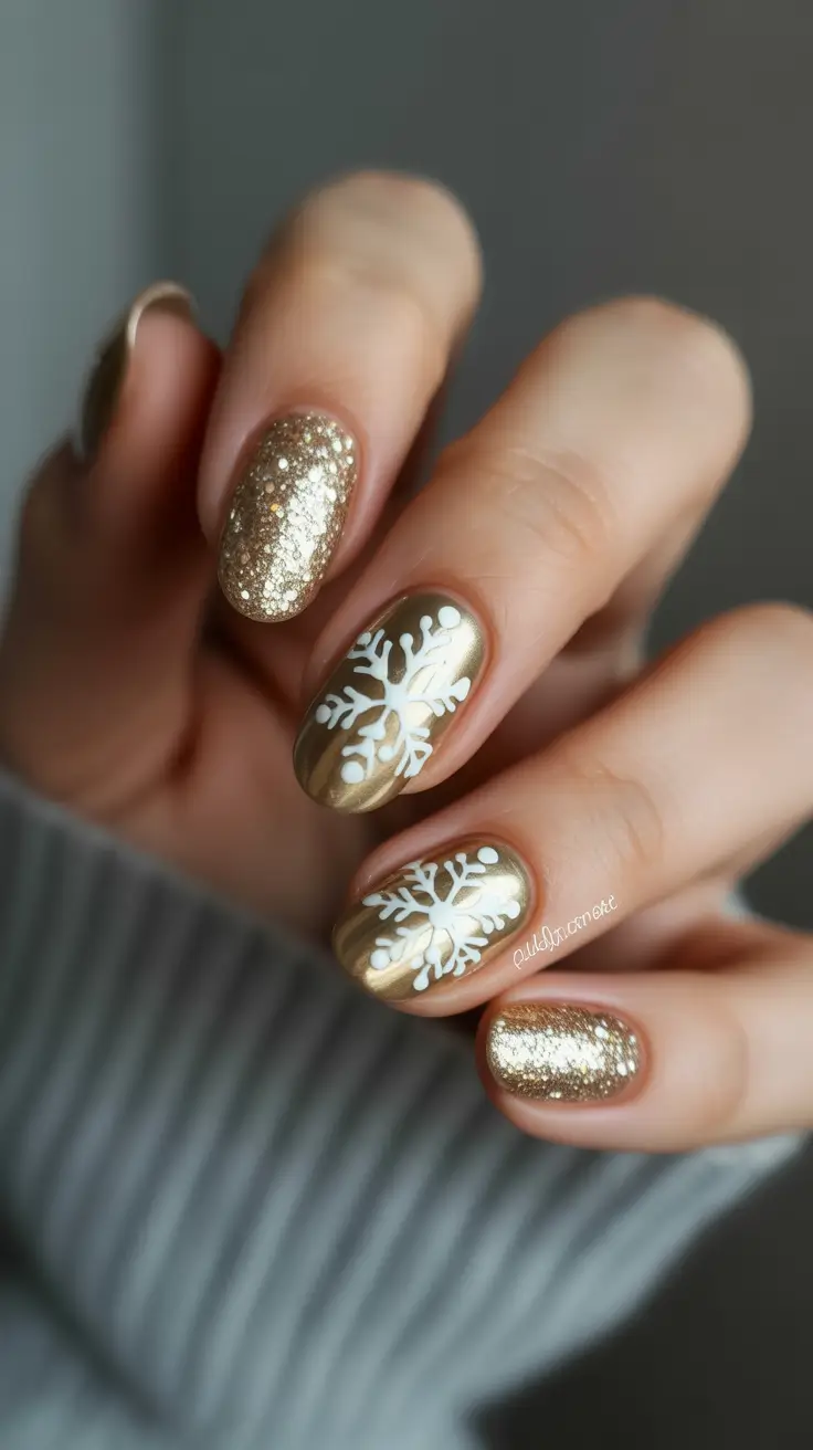 simple-winter-nails-2025-2026-golden-glow-&-snowflake-charm