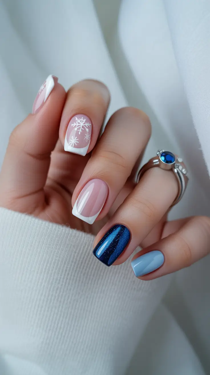 simple winter nails 2025-2026 Snowflake Chic in Blue and White