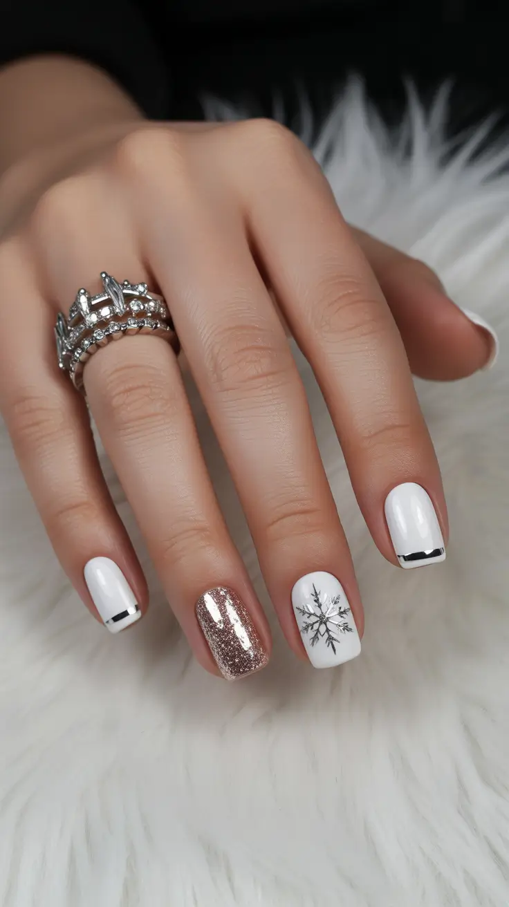simple winter nails 2025-2026 Snowflake Elegance in White and Gold