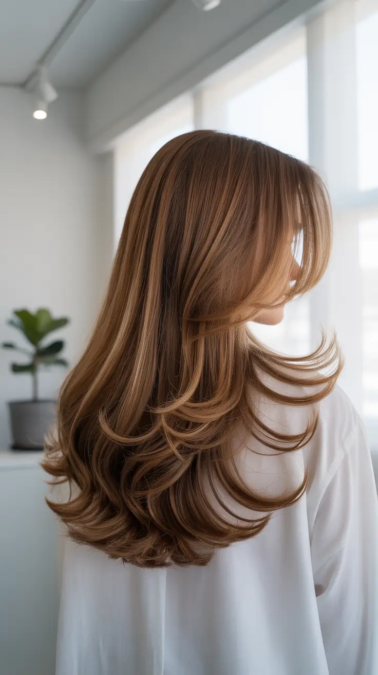 hair colors for soft winter 2025-2026 Golden Chestnut Layers