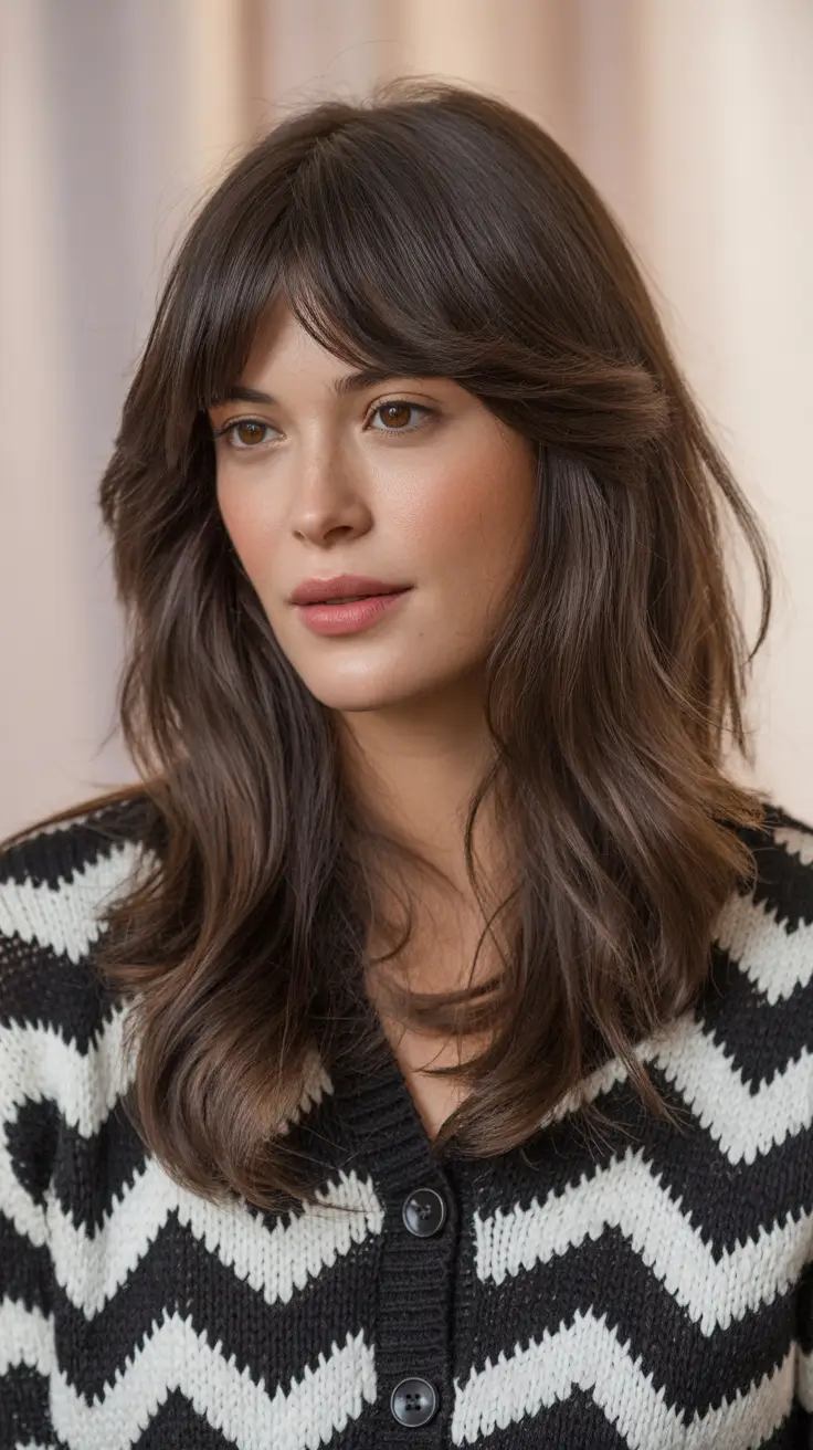 hair colors for soft winter 2025-2026 Velvet Brown Layers with Curtain Bangs