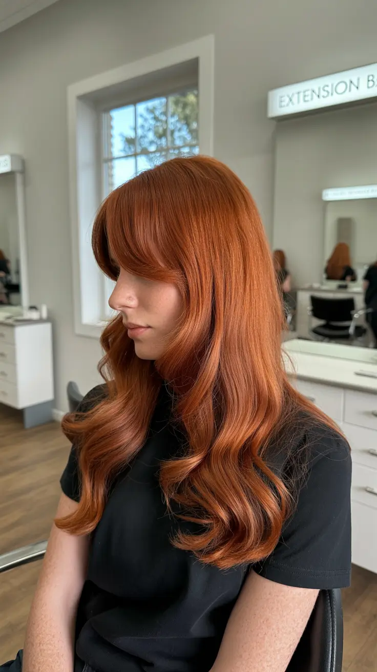 winter hair colors for brunettes 2025-2026 Rich Auburn Waves with Curtain Bangs