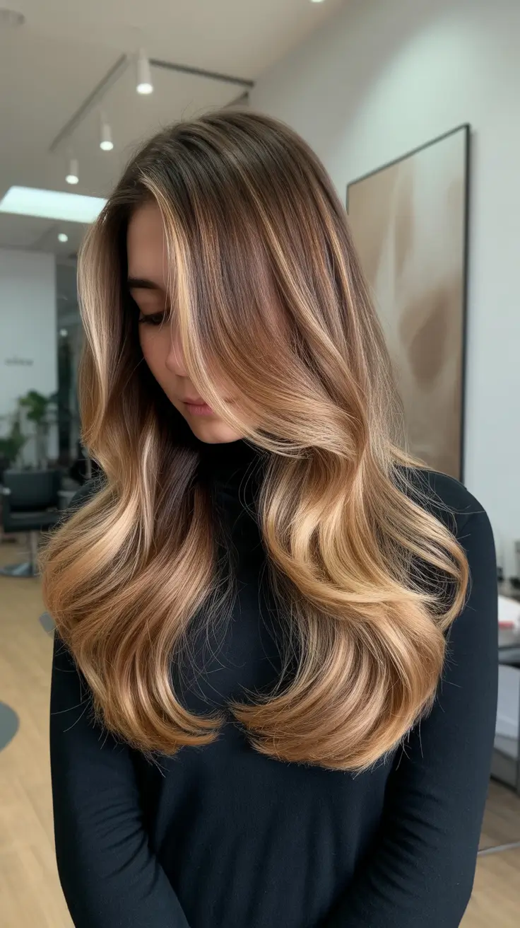 winter hair colors for brunettes 2025-2026 Long Brunette Waves with Caramel Dimension