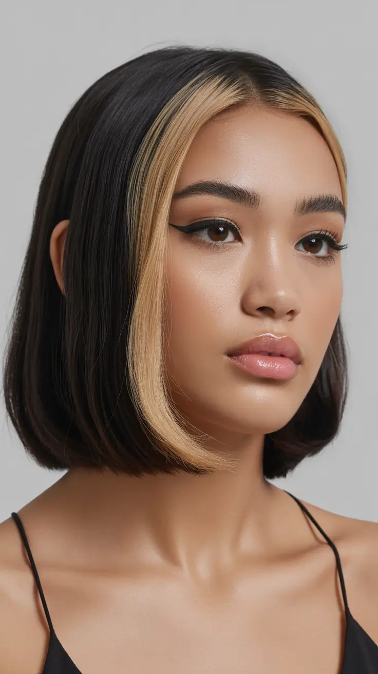 winter hair colors for brunettes 2025-2026 Chic Short Bob with Blonde Accents