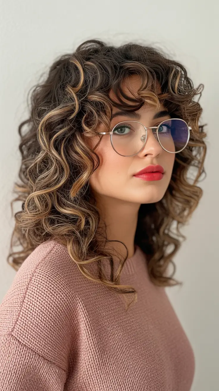 winter hair colors for brunettes 2025-2026 Curly Brunette with Caramel Ribbons