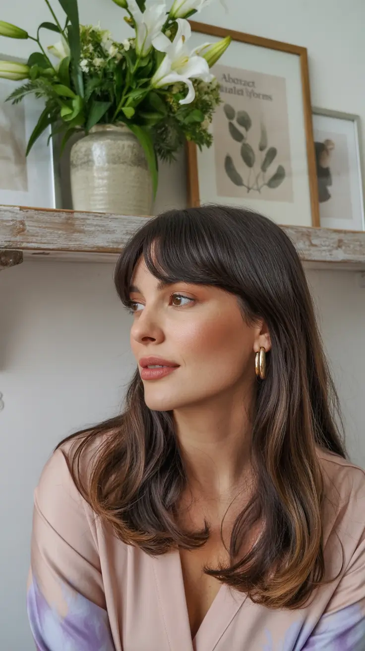 winter hair colors for brunettes 2025-2026 Classic Brunette with Soft Bangs