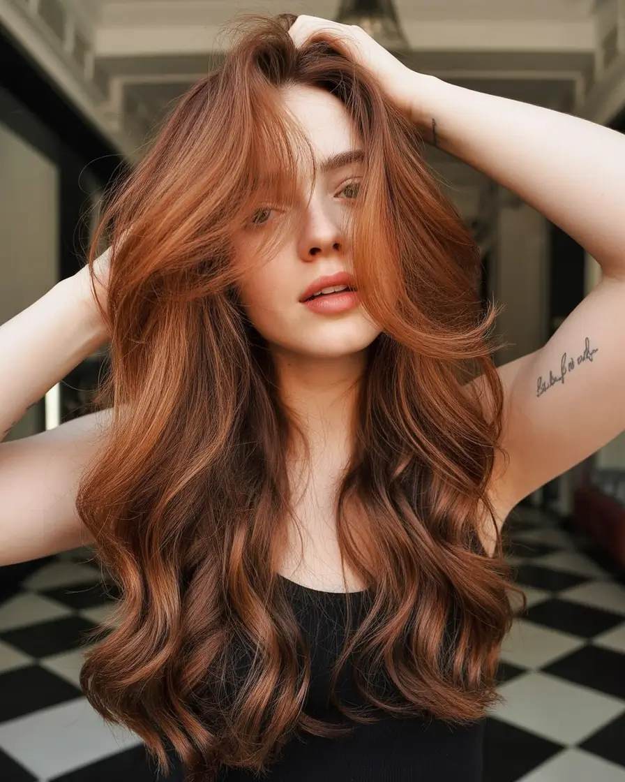 winter hair colors for brunettes 2025-2026 Balayage Auburn with Long Layers
