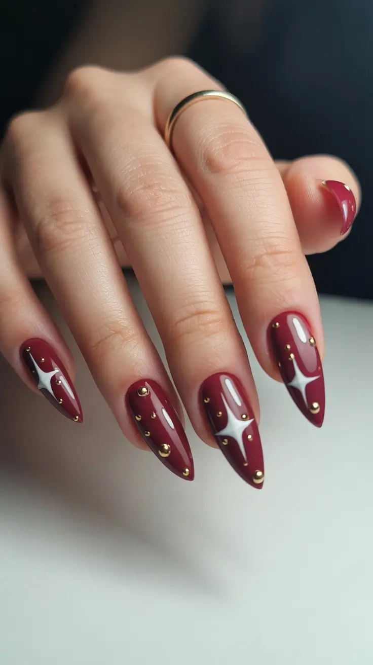 Burgundy Nail Colors for Winter 2025-2026 Golden Starburst Glam