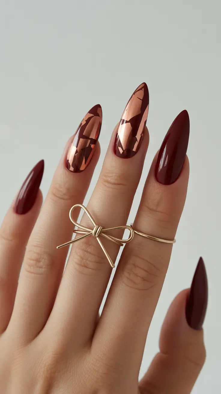 Burgundy Nail Colors for Winter 2025-2026 Molten Copper Mirage
