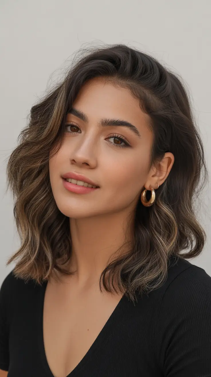 deep winter hair colors 2025-2026 Effortless Wavy Brunette with Subtle Highlights