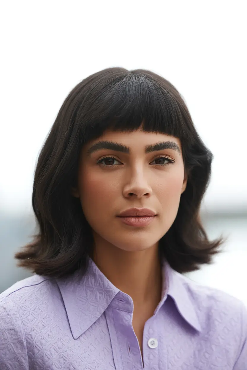 deep winter hair colors 2025-2026 Glossy Short Brunette with Micro Bangs