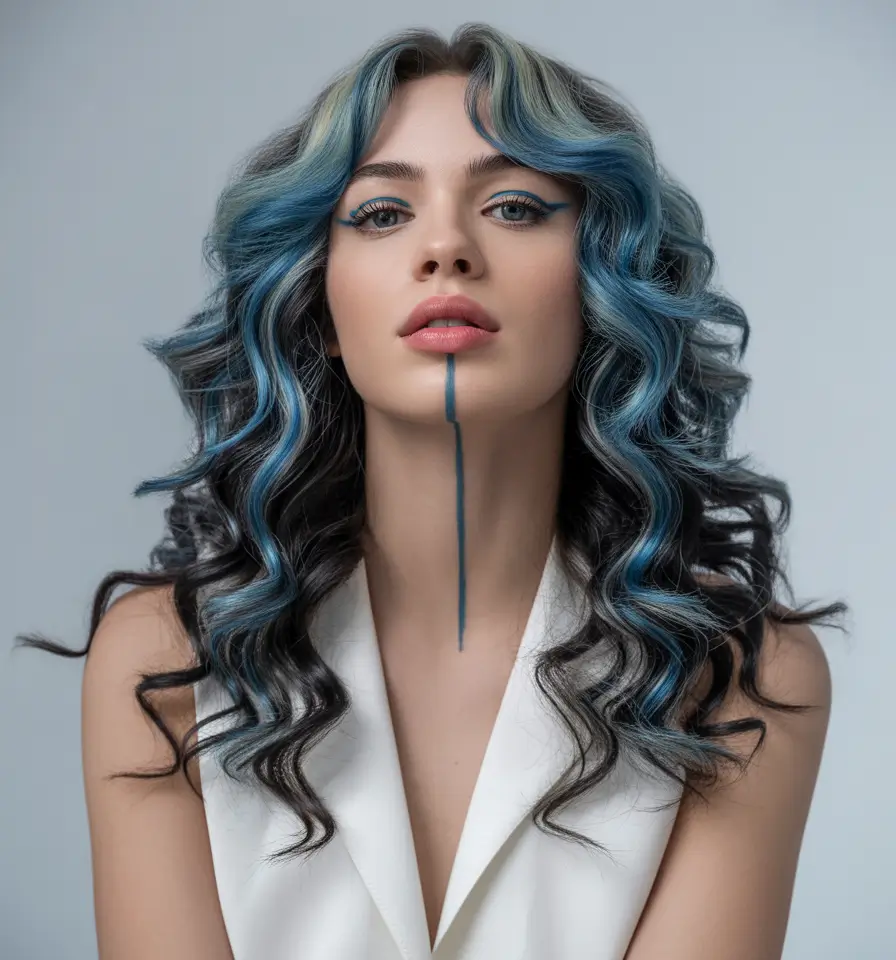 deep winter hair colors 2025-2026 Curly Brunette with Electric Blue Accents