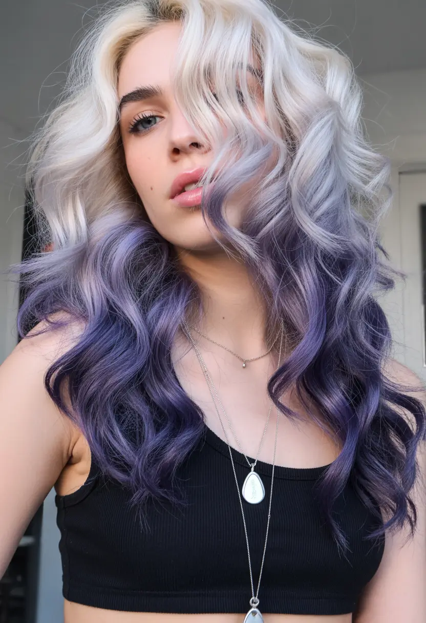 deep winter hair colors 2025-2026 Platinum Blonde with Purple Ombre