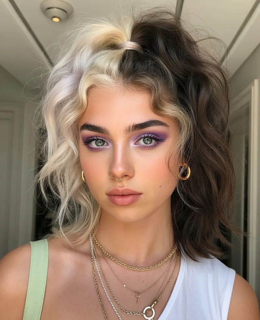 deep winter hair colors 2025-2026 Playful Contrast with Dual-Tone Waves