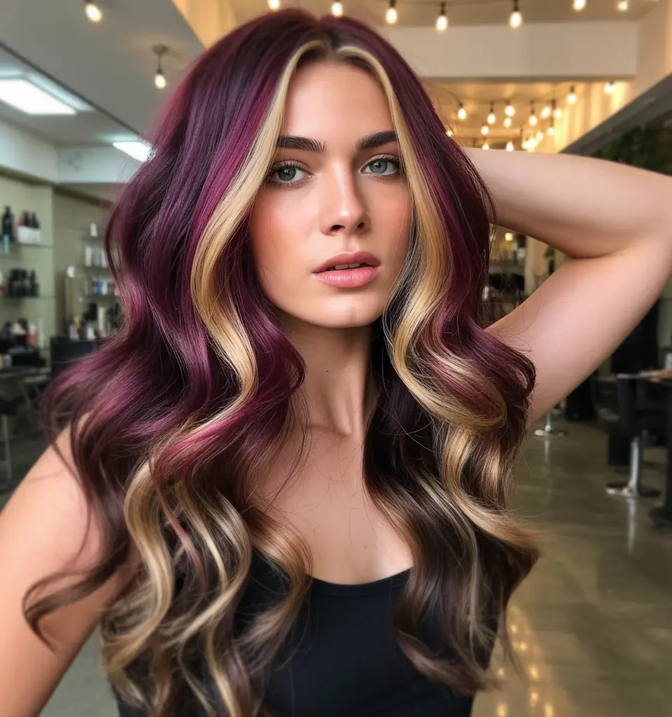 deep winter hair colors 2025-2026 Velvety Burgundy with Face-Framing Blonde