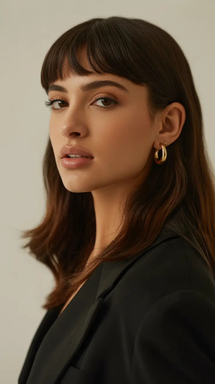 deep winter hair colors 2025-2026 Glossy Brunette with Blunt Bangs