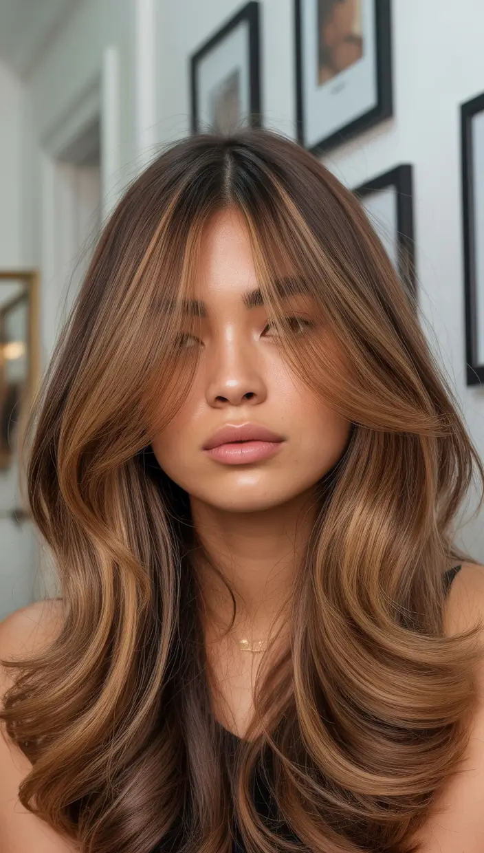 deep winter hair colors 2025-2026 Caramel-Toned Brunette with Korean-Inspired Layers