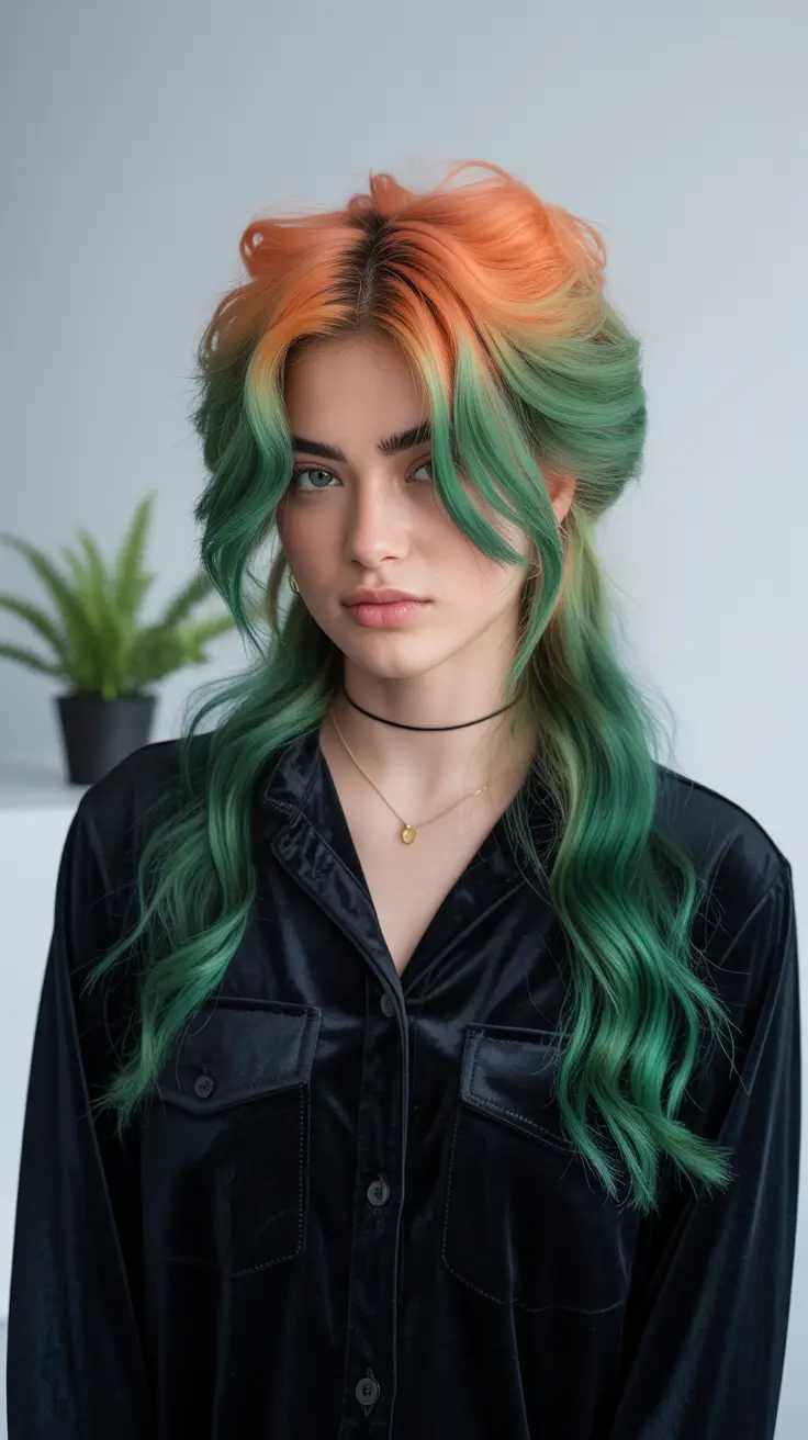 deep winter hair colors 2025-2026 Vivid Orange and Emerald Fantasy