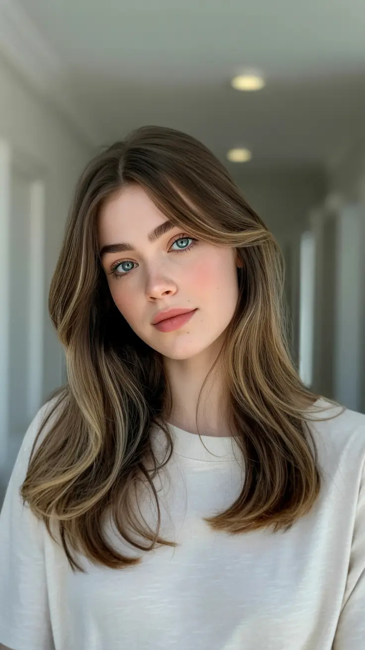 deep winter hair colors 2025-2026 Layered Brunette with Blonde Accents