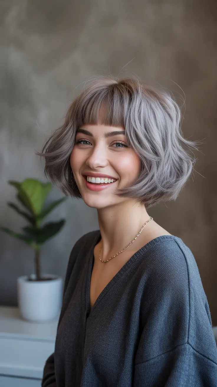 deep winter hair colors 2025-2026 Smoky Silver Bob with Soft Bangs