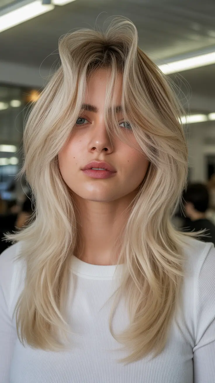 deep winter hair colors 2025-2026 Classic Blonde Layers with Curtain Bangs