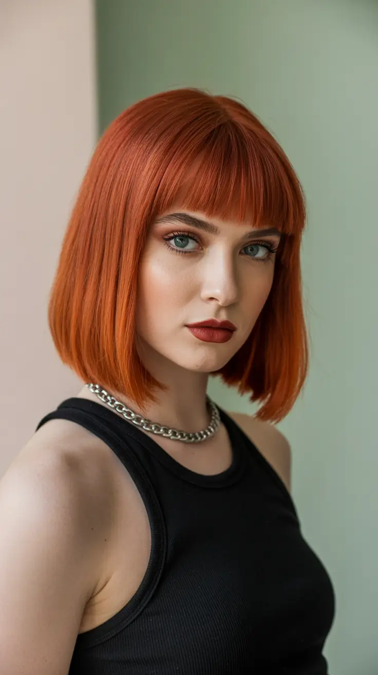 deep winter hair colors 2025-2026 Bold Copper Bob with Straight Bangs