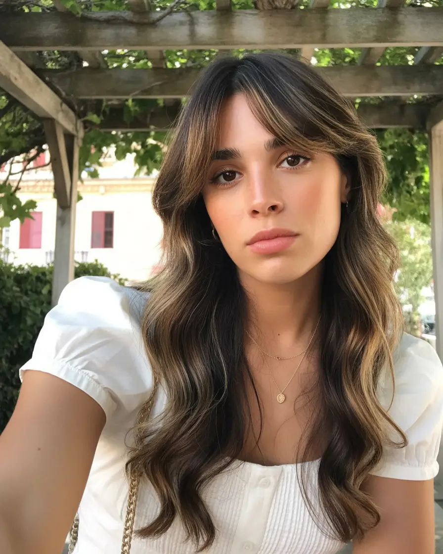 winter hair colors 2025-2026 Soft Brunette Balayage with Curtain Bangs